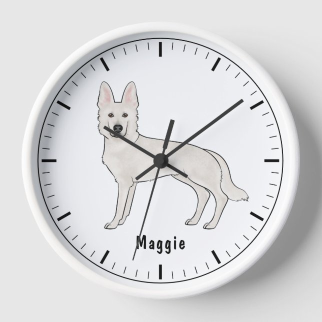 White Swiss Shepherd White GSD Cute Dog With Name Clock (Front)