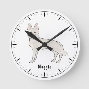 White Swiss Shepherd White GSD Cute Dog With Name Round Clock