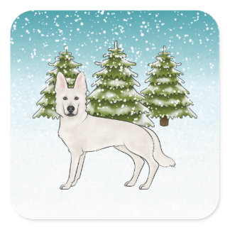 White Swiss Shepherd White GSD Dog Winter Forest Square Sticker
