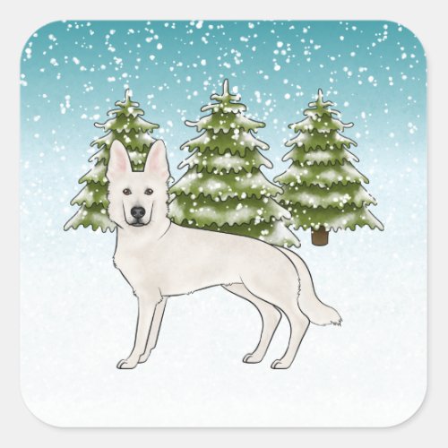 White Swiss Shepherd White GSD Dog Winter Forest Square Sticker