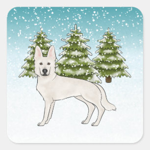 White Swiss Shepherd White GSD Dog Winter Forest Square Sticker