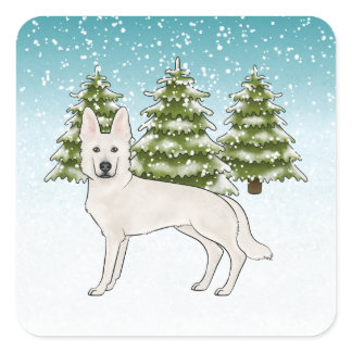 White Swiss Shepherd White GSD Dog Winter Forest Square Sticker