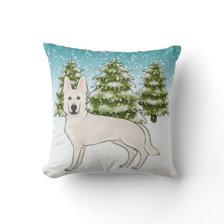 White Swiss Shepherd White GSD Dog Winter Forest Throw Pillow
