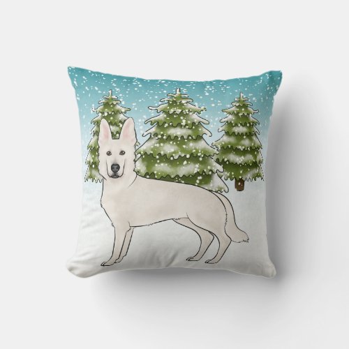 White Swiss Shepherd White GSD Dog Winter Forest Throw Pillow