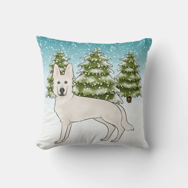 White Swiss Shepherd White GSD Dog Winter Forest Throw Pillow (Front)