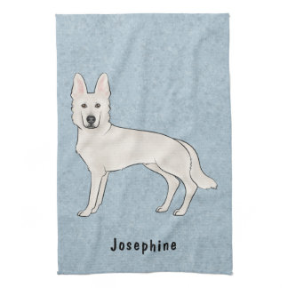 White Swiss Shepherd White GSD Dog With Name Blue Kitchen Towel