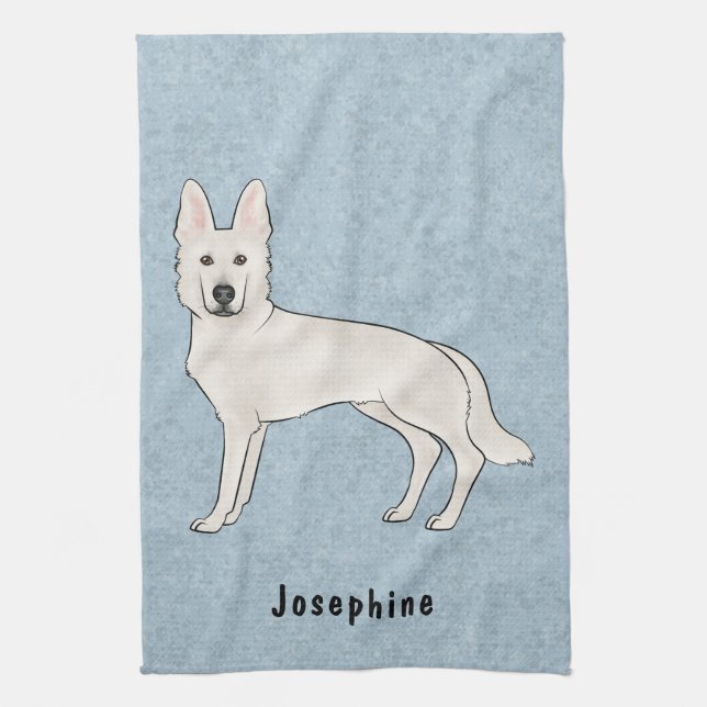 White Swiss Shepherd White GSD Dog With Name Blue Kitchen Towel (Vertical)