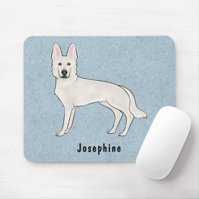White Swiss Shepherd White GSD Dog With Name Blue Mouse Pad (With Mouse)