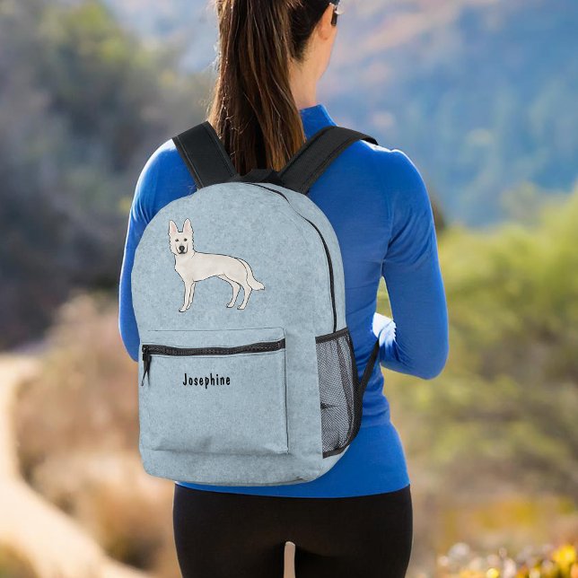 White Swiss Shepherd White GSD With Custom Text Printed Backpack (Please note: This image is a digital mockup. The product may not be in scale.)