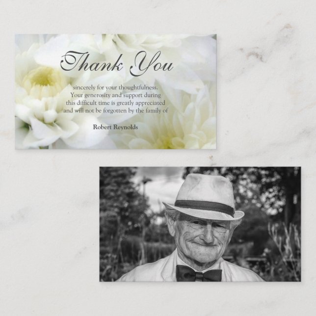 White Sympathy Funeral Floral & Photo Thank You  Note Card (Front/Back)