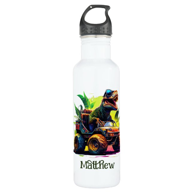 White T-Rex Riding Monster Truck Dinosaur Name Stainless Steel Water Bottle (Front)