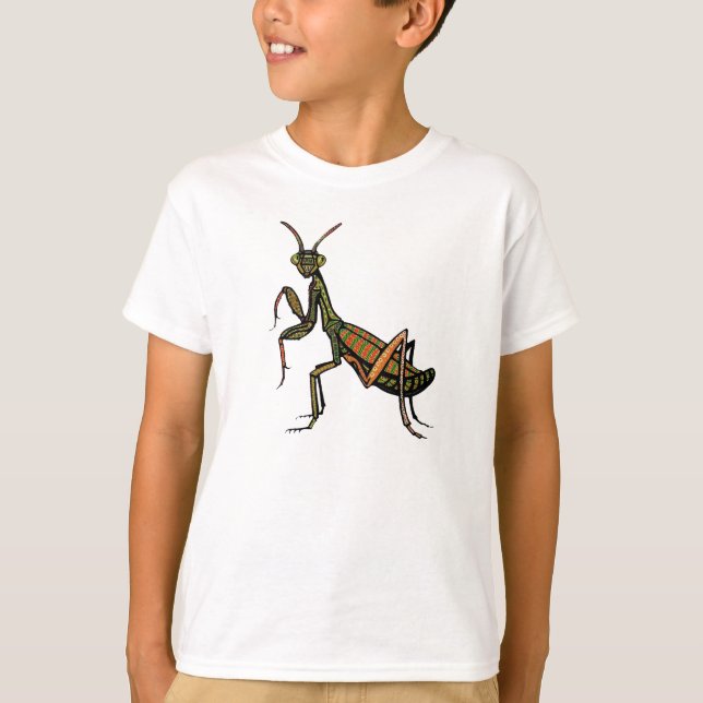 White t-shirt with Praying Mantis design (Front)