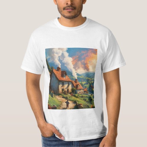 White T_Shirt with sky and village nestled