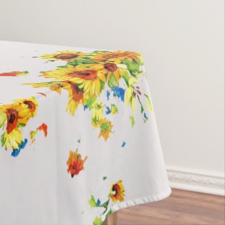 White Table Cloth with Yellow Sunflowers - Floral