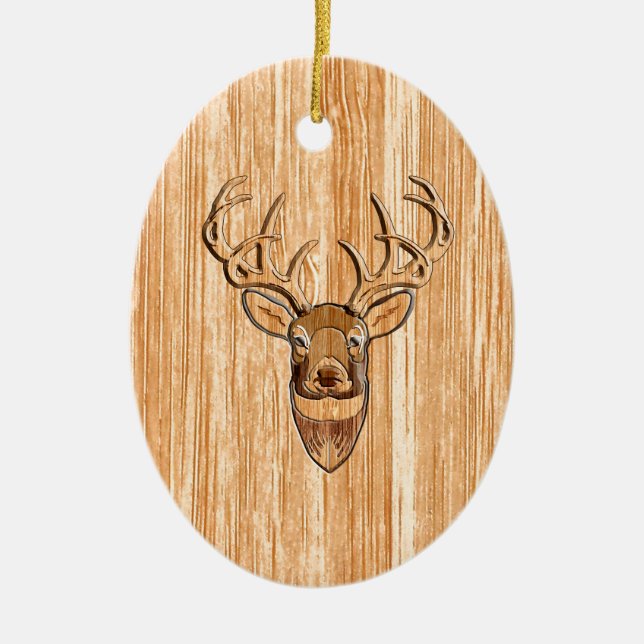 White Tail Buck Deer Head Wood Grain Style Ceramic Ornament (Front)