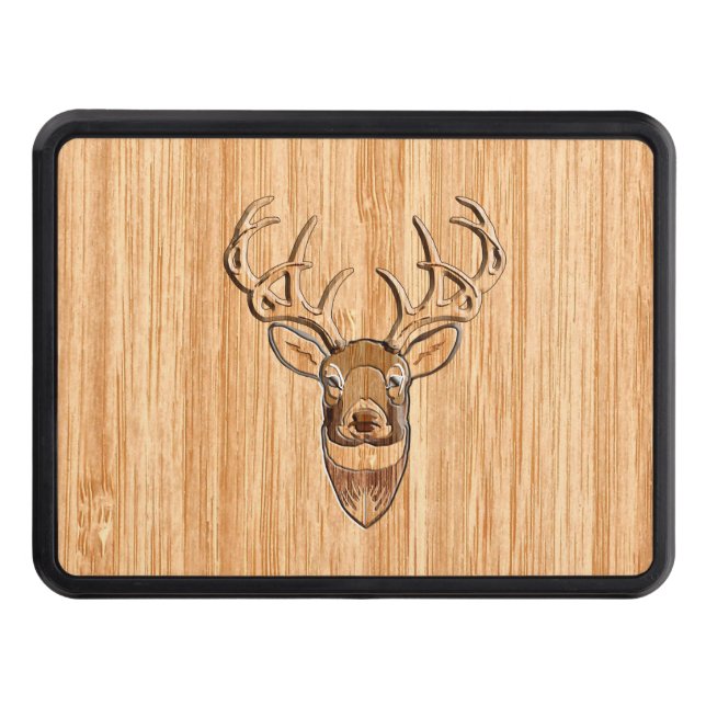 White Tail Buck Deer Head Wood Grain Style Hitch Cover (Front)