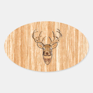 White Tail Buck Deer Head Wood Grain Style Oval Sticker