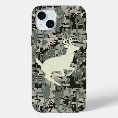 White Tail Buck on Black Forest Digital Camo iPhone 15 Plus Case