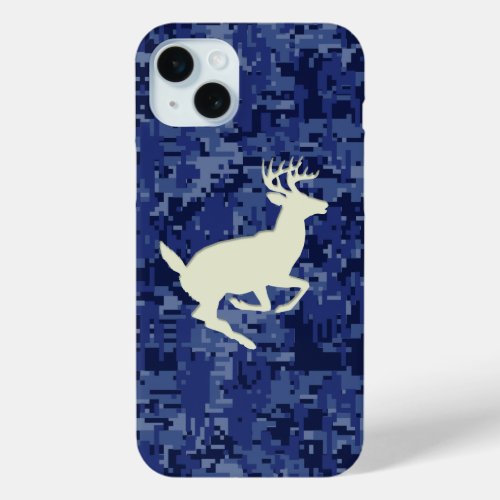 White Tail Buck on Navy Digital Camo Background iPhone 15 Plus Case