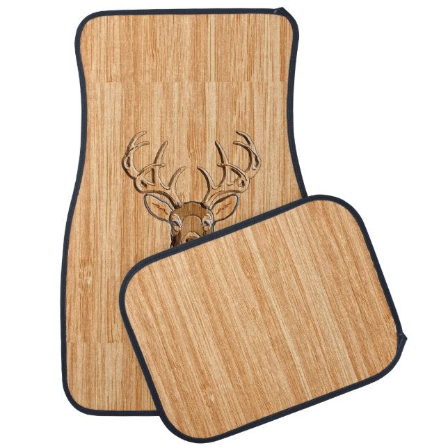 White Tail Deer Buck Wood Grain Style Design Car Mat (Set)