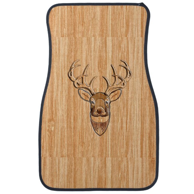 White Tail Deer Buck Wood Grain Style Design Car Mat (Front)