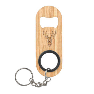 White Tail Deer Buck Wood Grain Style Design Keychain Bottle Opener