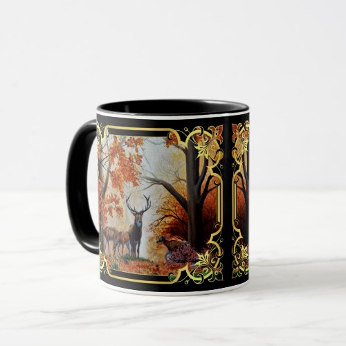 White tail deer doe and buck autumn forest mug