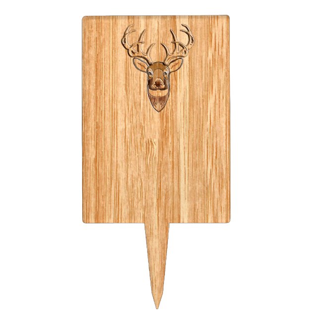 White Tail Deer Head Blond Wood Grain Style Cake Topper (Front)