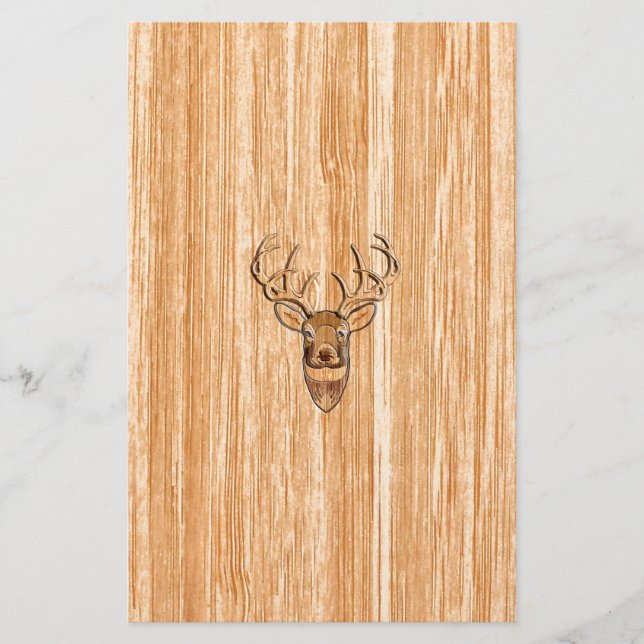 White Tail Deer Head Blond Wood Grain Style Stationery (Front)
