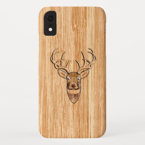 White Tail Deer Head Buck Wood Grain Style Decor iPhone XR Case