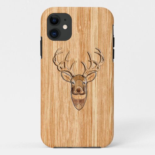 White Tail Deer Head Buck Wood Grain Style Decor iPhone 11 Case