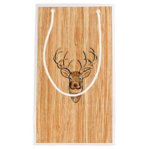 White Tail Deer Head Buck Wood Grain Style Decor Small Gift Bag
