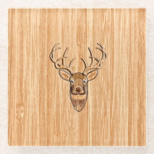 White Tail Deer Head Trophy Wood Grain Style Glass Coaster