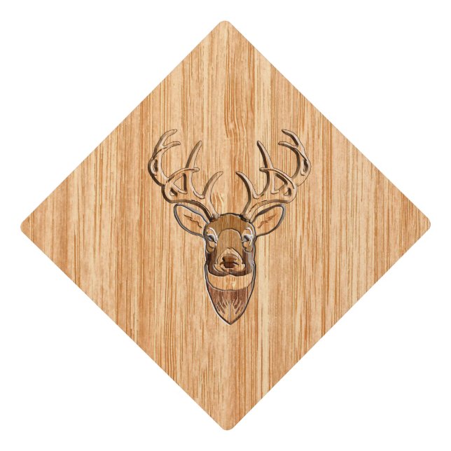 White Tail Deer Head Trophy Wood Grain Style Graduation Cap Topper (Front)