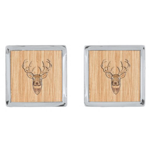 White Tail Deer Head Trophy Wood Grain Style Silver Cufflinks