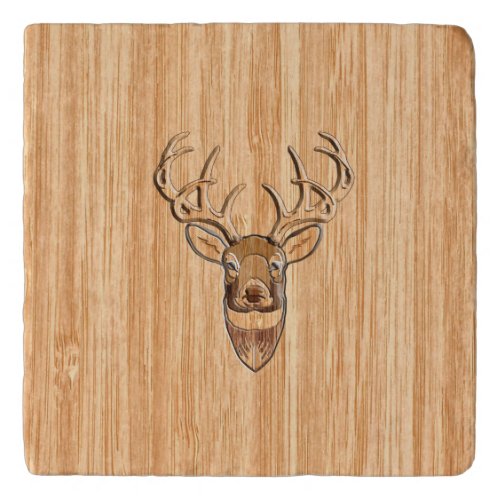 White Tail Deer Head Trophy Wood Grain Style Trivet