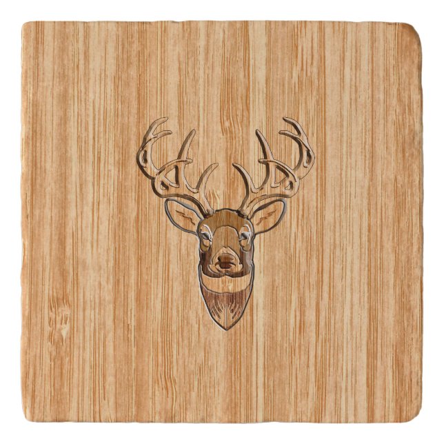 White Tail Deer Head Trophy Wood Grain Style Trivet (Front)