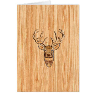 White Tail Deer Head Wood Grain Background Cards