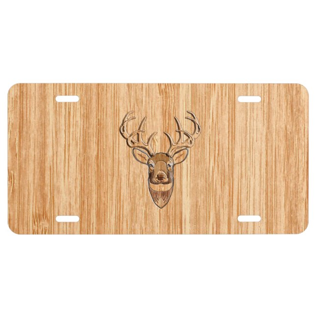 White Tail Deer Head Wood Grain Decor License Plate (Front)