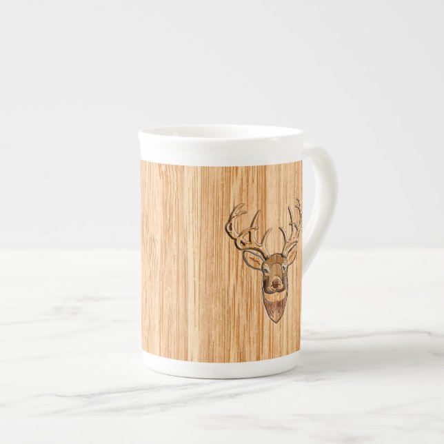 White Tail Deer Head Wood Grain Design Bone China Mug (Front Right)