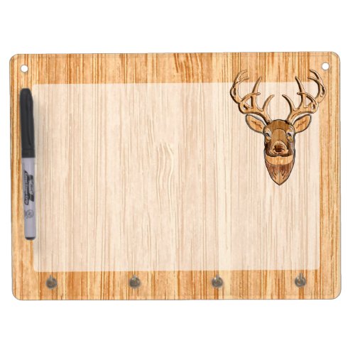 White Tail Deer Head Wood Grain Design Dry Erase Board With Keychain Holder