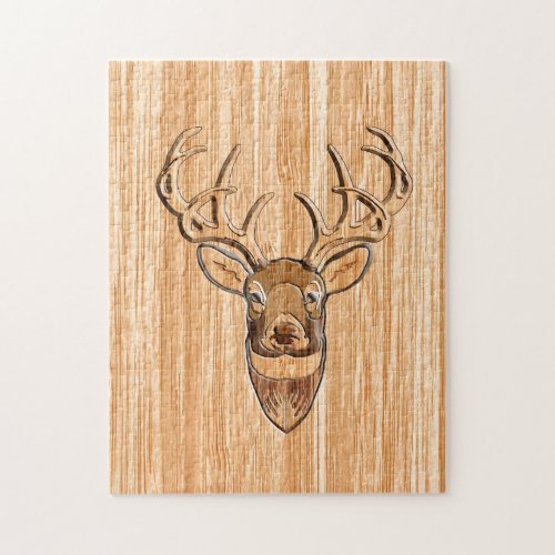 White Tail Deer Head Wood Grain Design Jigsaw Puzzle
