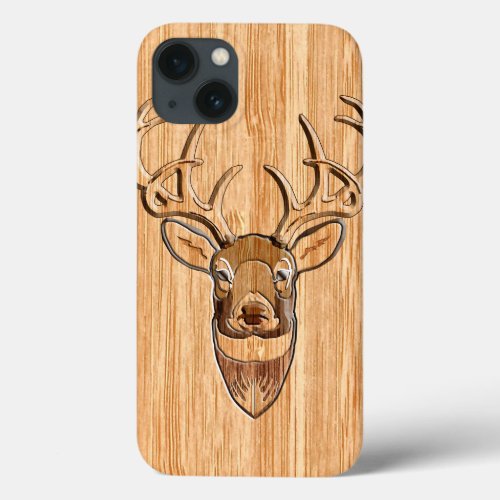 White Tail Deer Head Wood Grain Style iPhone 13 Case