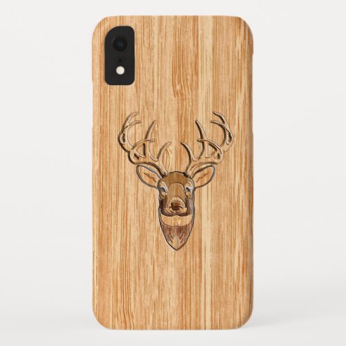 White Tail Deer Head Wood Grain Style Decor iPhone XR Case