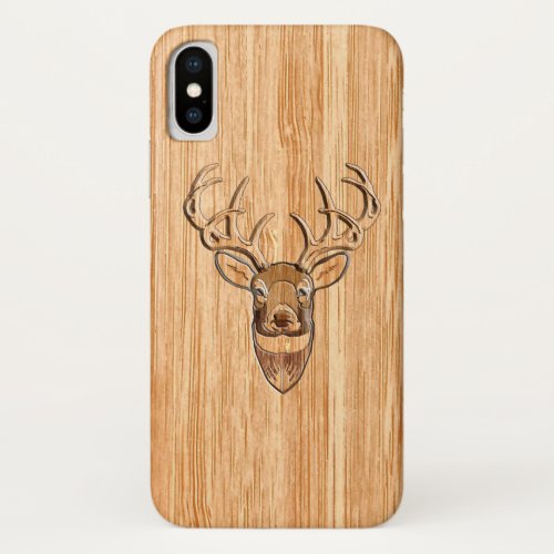 White Tail Deer Head Wood Grain Style Decor iPhone XS Case