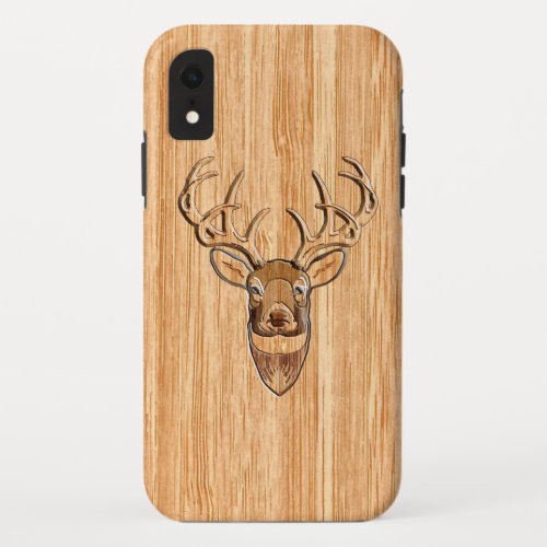 White Tail Deer Head Wood Grain Style Decor iPhone XR Case