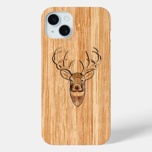 White Tail Deer Head Wood Grain Style Decor iPhone 15 Plus Case