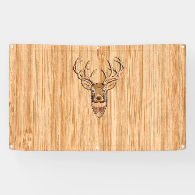 White Tail Deer Head Wood Grain Style Display Banner (Horizontal)