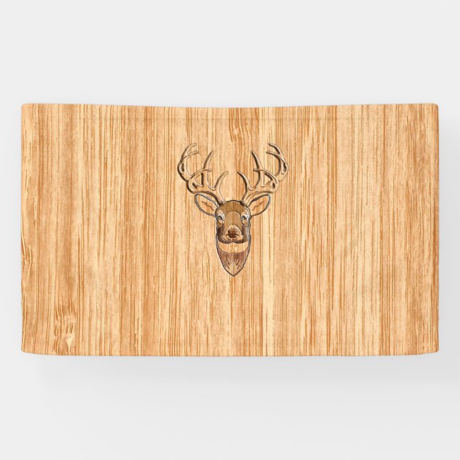White Tail Deer Head Wood Grain Style Display Banner (Horizontal)