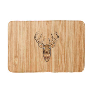 White Tail Deer Head Wood Grain Style Display Bathroom Mat